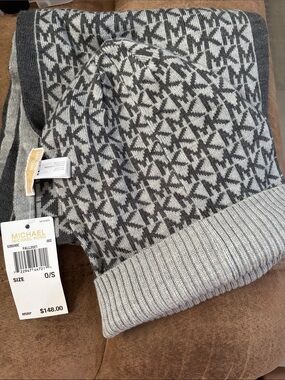 Michael Kors Gray & Light Gray MK Monogram Beanie and Scarf Set